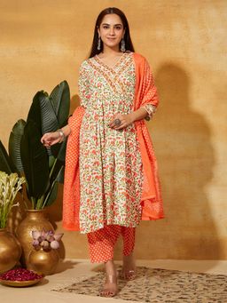 Meeta's - Orange Cotton Floral Kurta with Pant and Dupatta