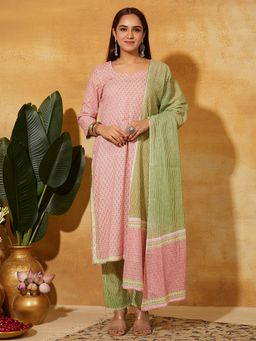Meeta's - Pink Cotton Printed Kurta with Pant and Dupatta
