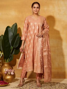 Meeta's - Peach Silk Blend Floral Kurta with Pant and Dupatta