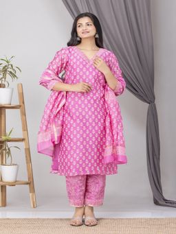 Meeta's - Pink Cotton Silk Floral Kurta with Pant and Dupatta