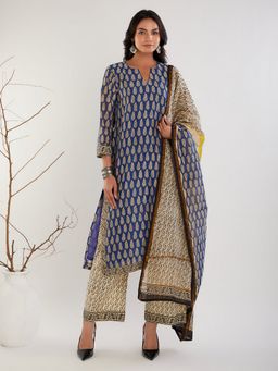 Meeta's - Blue Cotton Silk Printed Kurta with Pant and Dupatta