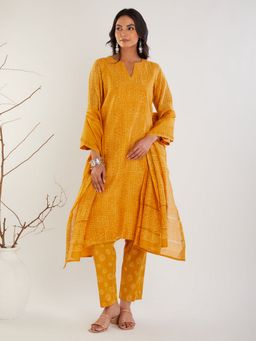 Meeta's - Mustard Cotton Silk Printed Kurta with Pant and Dupatta