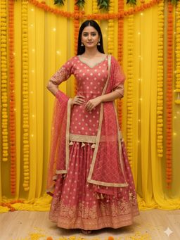 Chhabra 555 - Peach Banarasi Silk Embroidered Kurta with Skirt and Dupatta