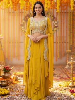 Chhabra 555 - Yellow Georgette Embroidered Crop-Top with Skirt with Cape
