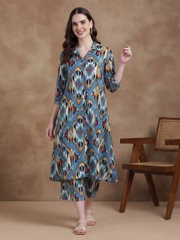 Black & Blah Blah - Women's Pure Cotton Printed Blue Kurta With Pant
