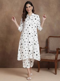 Black & Blah Blah - Women Viscose Rayon Polka Dots Off White Kurta With Pant