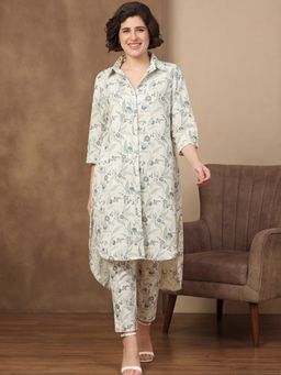Black & Blah Blah - Women Pure Cotton Floral Off White Kurta With Pant