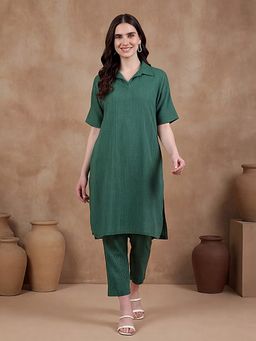 Black & Blah Blah - Women Pure Cotton Stripes Green Kurta With Pant