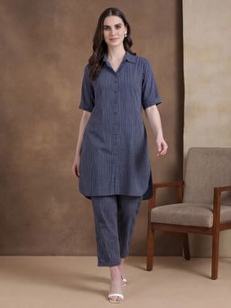 Black & Blah Blah - Women Pure Cotton Stripes Navy Blue Kurta With Pant