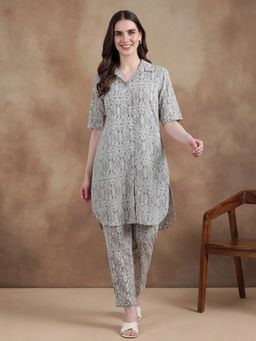 Black & Blah Blah - Women Pure Cotton Printed Grey Kurta With Pant