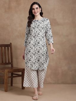 Black & Blah Blah - Women Pure Cotton Floral Grey Kurta With Pant