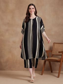 Black & Blah Blah - Women's Stripes Viscose Rayon Black Kurta With Pant
