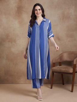 Black & Blah Blah - Women Viscose Rayon Stripes Blue Kurta With Pant