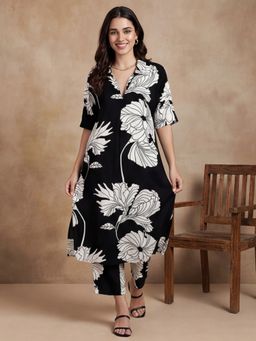 Black & Blah Blah - Women's Viscose Rayon Floral Black Kurta With Pant