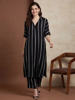 Black & Blah Blah - Women Viscose Rayon Stripes Black Kurta With Pant
