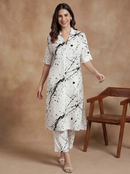 Black & Blah Blah - Women Viscose Rayon Abstract Off White Kurta With Pant