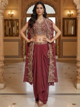 Chhabra 555 - Maroon Georgette Embroidered Crop-Top with Dhoti Skirt with Shrug