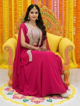 Chhabra 555 - Pink Georgette Embroidered Crop-Top with Skirt with Cape