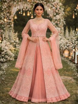 Chhabra 555 - Peach Georgette Embroidered Kurta with Skirt and Dupatta