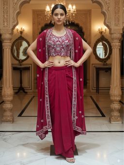 Chhabra 555 - Pink Georgette Embroidered Crop-Top with Dhoti Skirt with Shrug