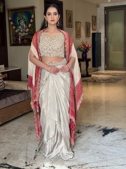 Chhabra 555 - Cream Georgette Embroidered Crop-Top with Skirt with Cape