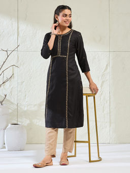 Fabindia - Women Black Floral Embroidered Kurta