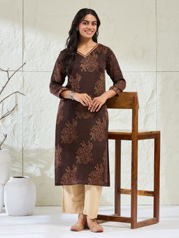 Fabindia - Women Brown Ajrakh Floral Printed Kurta