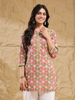Fabindia - Women Red-Olive Floral Block Printed Kurti