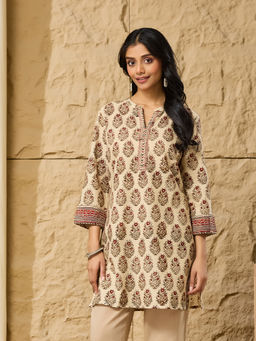 Fabindia - Women Beige Bagru Floral Printed Kurti