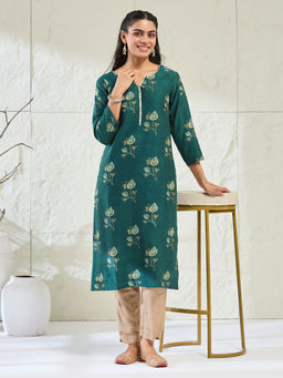 Fabindia - Women Green Dabu Floral Printed Kurta