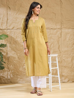 Fabindia - Women Mustard Embroidered Thread Work Kurta