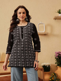 ADA - Women Black Embroidered Chikankari Short Kurti