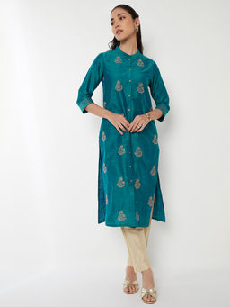 max - Women Teal Floral Embroidered Kurta