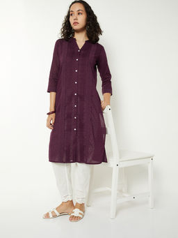 max - Women Wine Self Design Embroidered Kurta