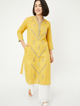 max - Women Yellow Embroidered Thread Work Kurta