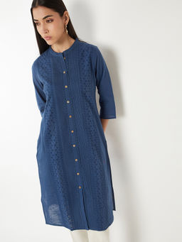 max - Women Navy Blue Self Design Embroidered Kurta