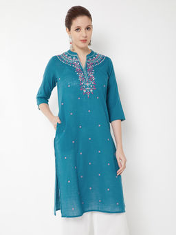 max - Women Blue Floral Embroidered Kurta