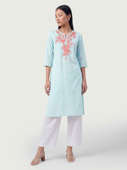 max - Women Blue Floral Embroidered Kurta