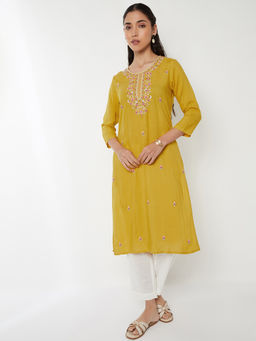 max - Women Yellow Floral Embroidered Kurta
