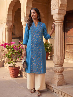 max - Women Blue Floral Embroidered Kurta