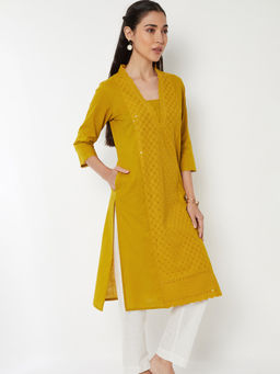 max - Women Mustard Embroidered Sequined Work Kurta