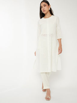 max - Women Off White Self Design Embroidered Kurta