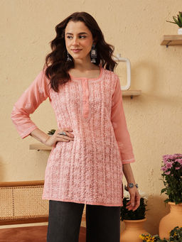 ADA - Women Peach Embroidered Chikankari Short Kurti