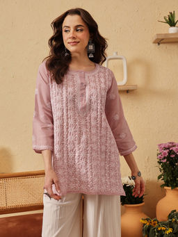 ADA - Women Pink Embroidered Chikankari Short Kurti