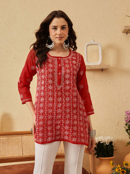 ADA - Women Red Embroidered Chikankari Short Kurti