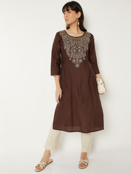 max - Women Brown Embroidered Thread Work Kurta