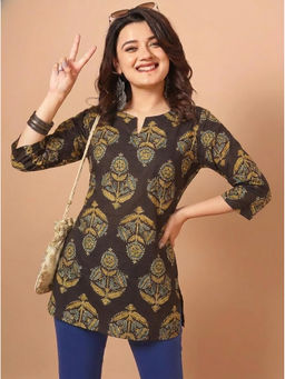 Surhi - Women Brown Floral Block Print Short Kurti