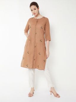 max - Women Brown Floral Embroidered Kurta