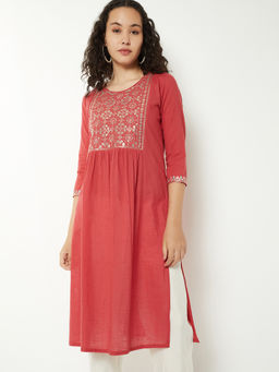 max - Women Red Embroidered Sequined Work Kurta