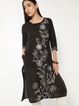 max - Women Black Floral Embroidered Kurta